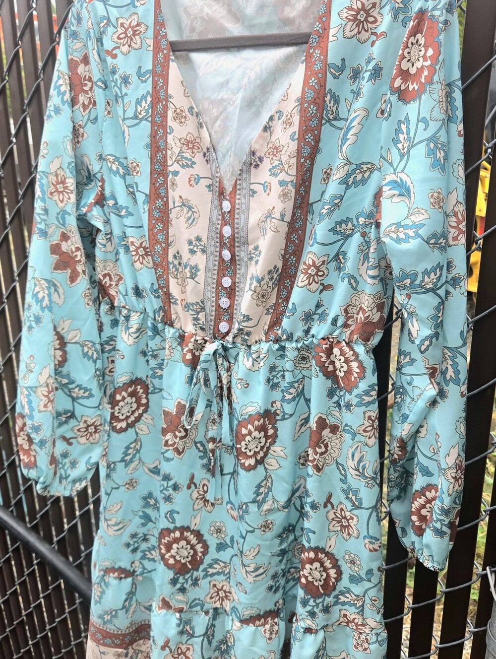 Boho Floral V-Neck Midi Dress Teal Rust Orange Long Sleeve - Size XL